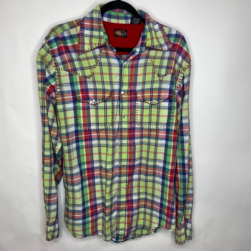 Martini Ranch Bright Plaid Whipstitch Snap Front Shirt Sz Medium